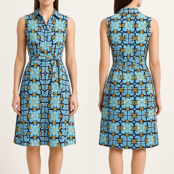 J.McLaughlin Dress Women XS Blue Sleeveless Belted A-Line Floral Geometric Print - Picture 1 of 9